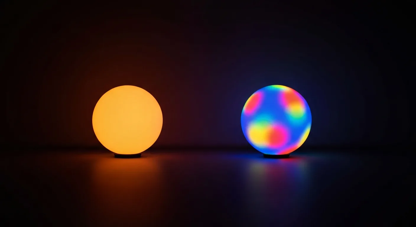 A warm orange orb and a multicolour orb of light side by side — Gemini vs Claude illustration