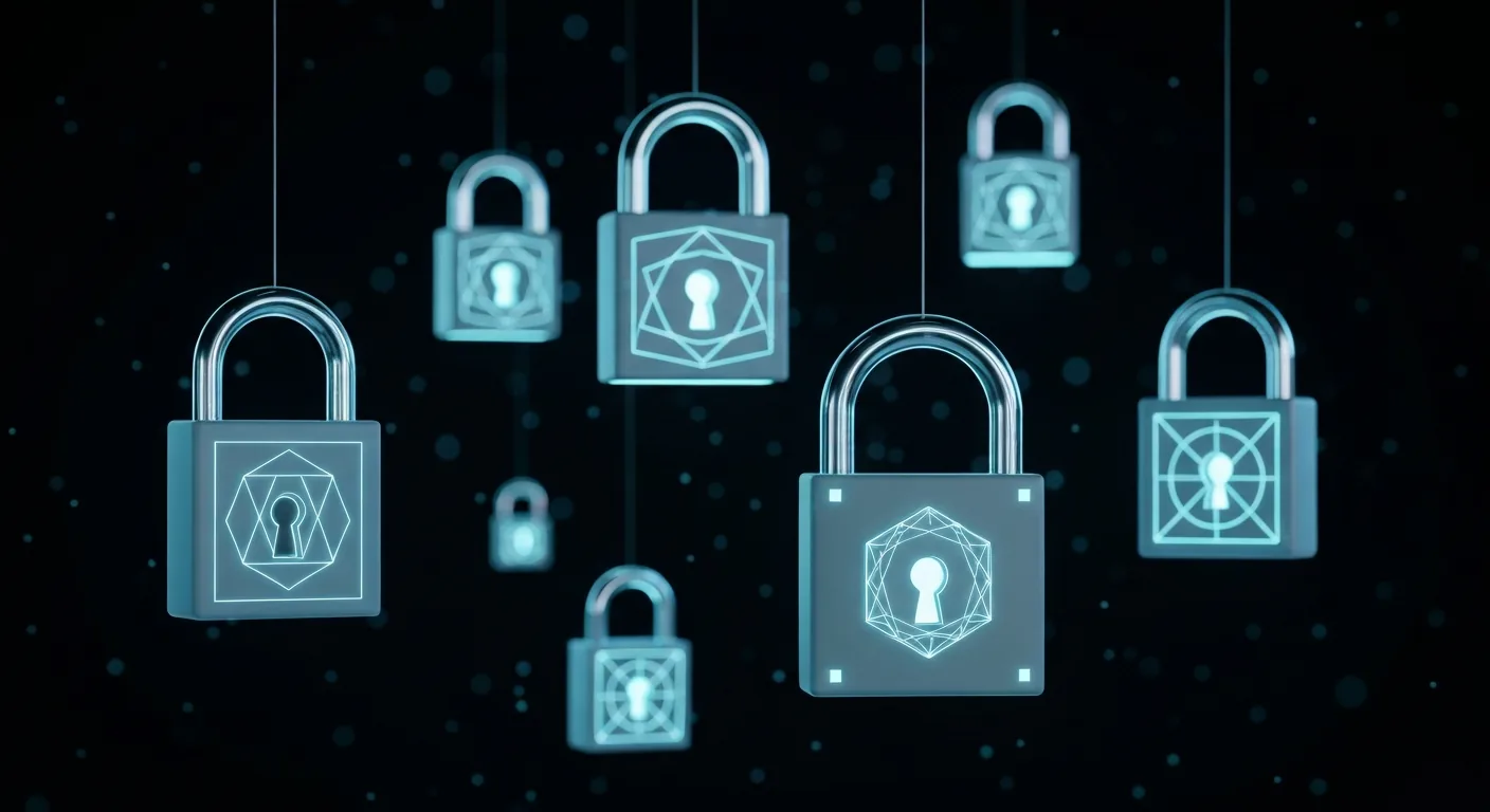 Glowing padlocks of different sizes floating on a dark background — AI chatbot privacy comparison illustration