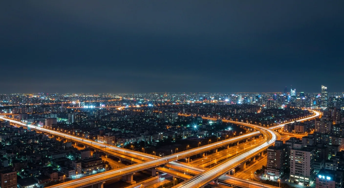 夜色中的东亚城市与延伸至天际的光带——跨境连接示意图