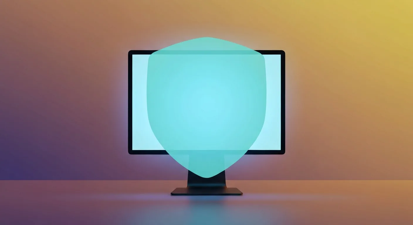 发光的显示器轮廓与悬浮护盾——Windows 电脑 VPN 示意图